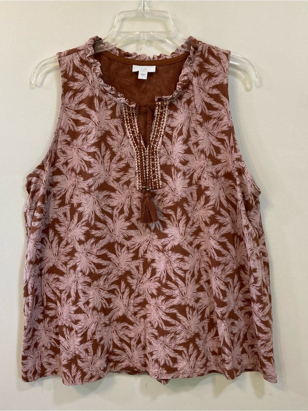 J. Jill Tassel Tie Split Neck Bellissima Womens Tank Top Sz L Palm Leaf Brown